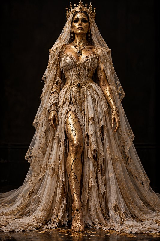 Regal gilded undead queen stands wearing a tattered lace gown, ornate golden crown, and cracked metallic skin