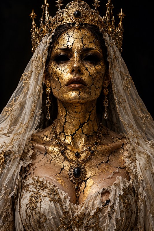 Undead gothic queen with cracked gilded skin, ornate gold crown and tattered lace veil against a black background