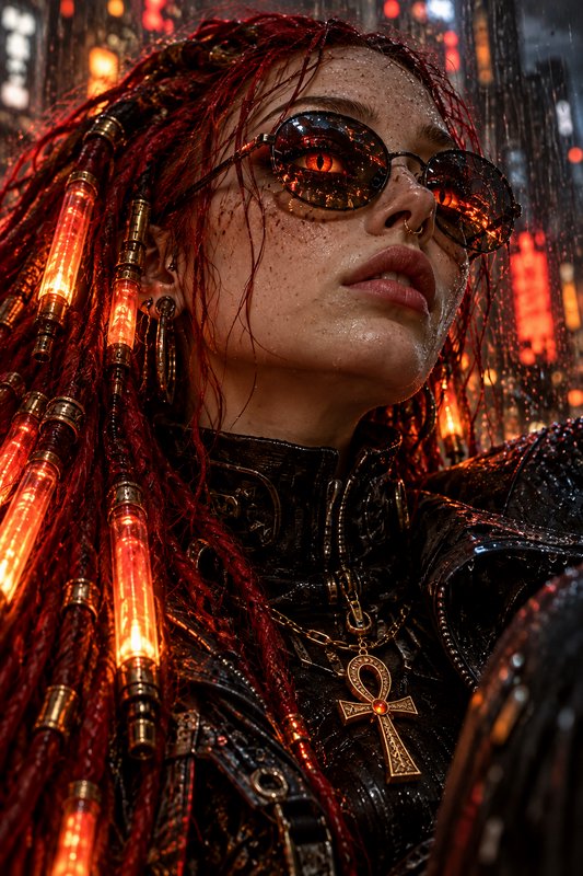 Cyberpunk woman with glowing red dreadlocks stands in a rain soaked neon night city