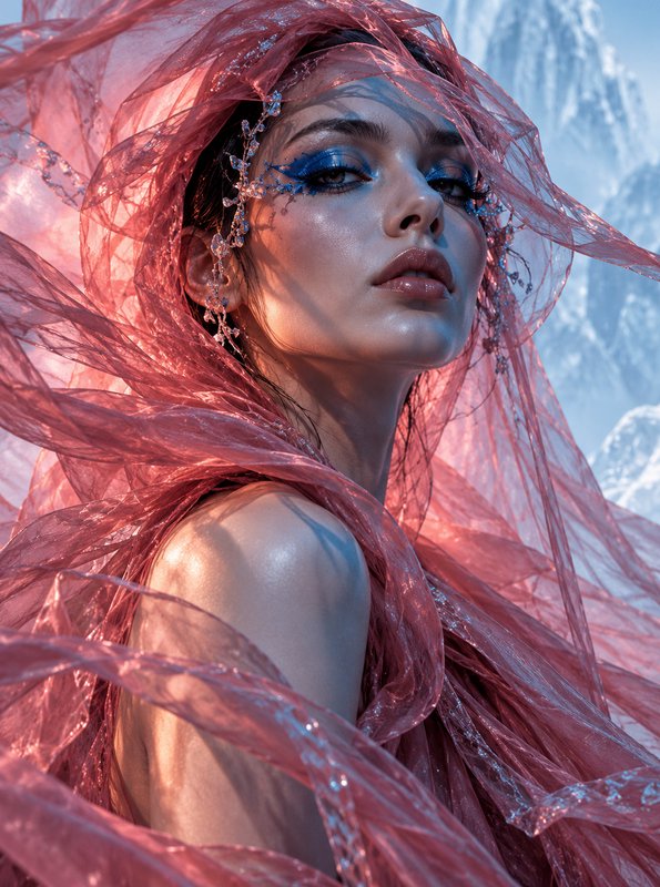 Ethereal female model with bold blue eye makeup draped in shimmering pink tulle against snowy mountain backdrop