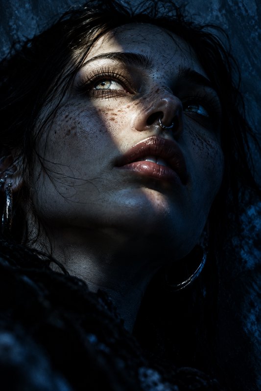 Close up portrait of a freckled pierced woman looking upward under dramatic slanted lighting