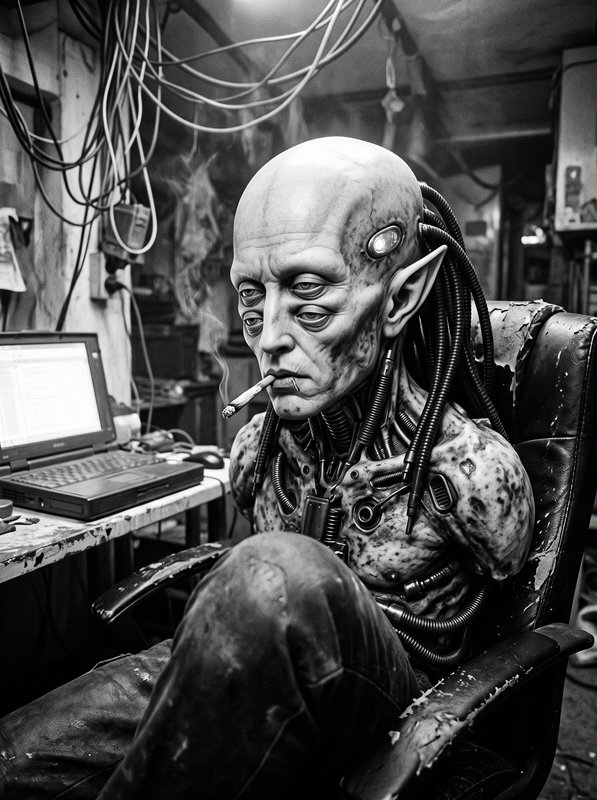 Weary four-eyed biomechanical alien cyborg smokes a cigarette at a cluttered hacker workspace