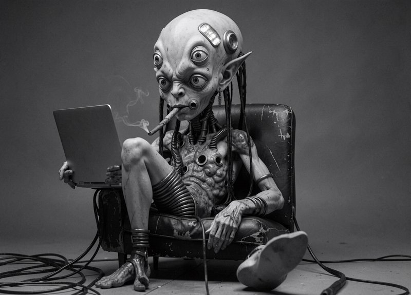 Four-eyed cybernetic alien smokes while using a laptop seated in a worn armchair