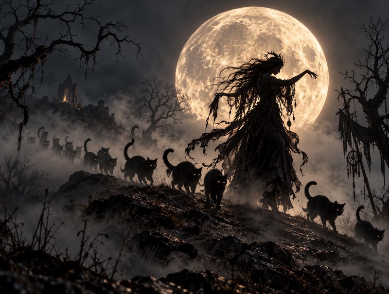 Ragged wild witch leads a line of glowing-eyed black cats across misty moor beneath a giant full moon