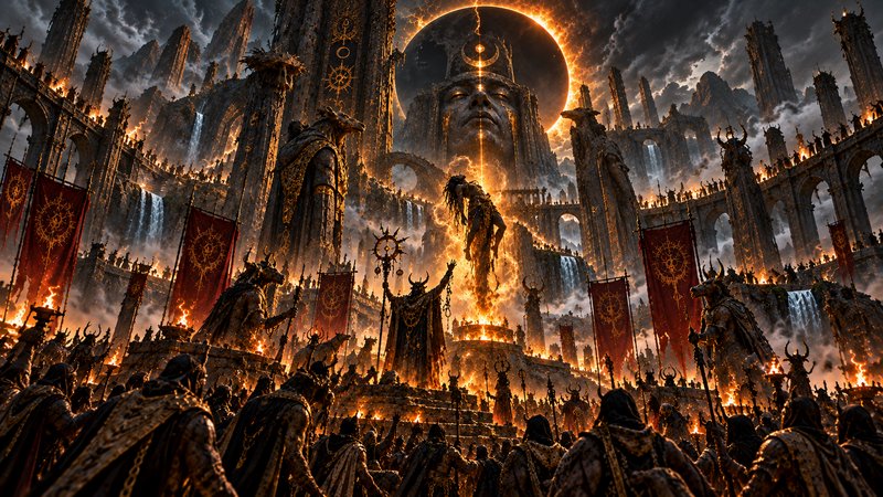 Dark fantasy ritual scene with floating sacrifice, giant deity bust, and glowing eclipse above a burning ancient temple