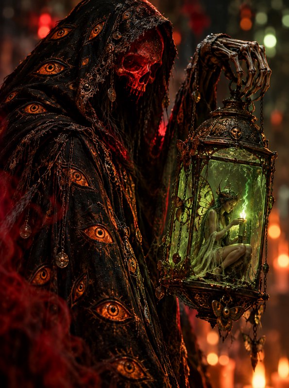 Hooded skeletal reaper with eye-covered robes holds an ornate lantern trapping a tiny glowing winged fairy