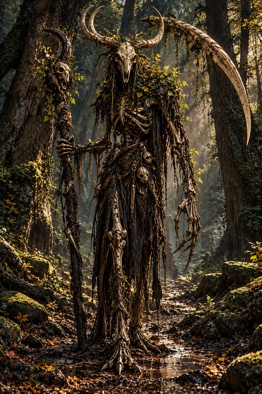 Towering horned skeletal forest guardian holding a gnarled staff stands in a sun-dappled misty old growth forest