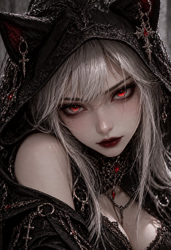 Close-up portrait of a gothic cat-eared fantasy woman with vivid red eyes and silver hair