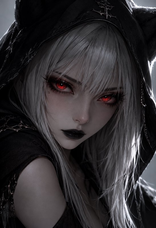 Close-up portrait of a pale gothic woman with silver hair, bright red eyes, and a cat-eared black hood
