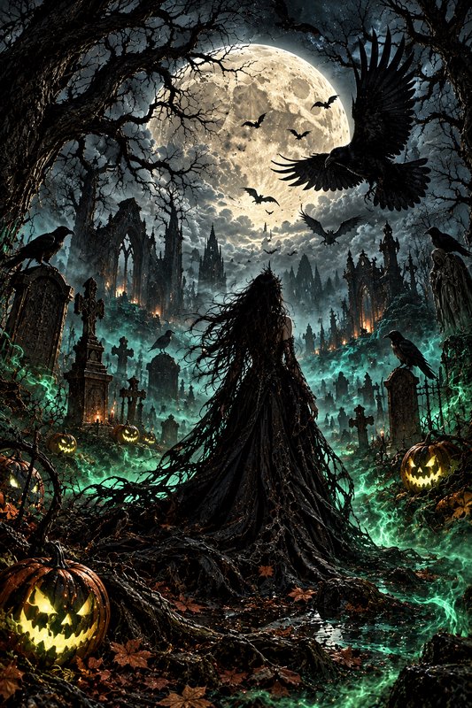 Gothic witch stands in a misty Halloween graveyard beneath a giant full moon, surrounded by jack-o-lanterns and ravens