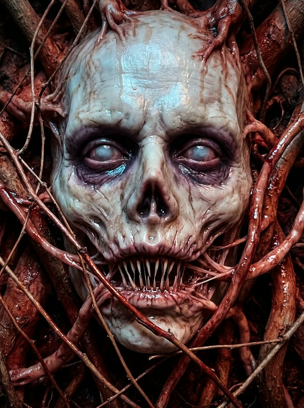 Grotesque pale undead face with sharp teeth tangled in glistening bloody twisted roots, staring blankly forward