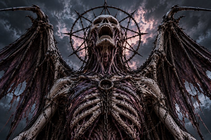 Towering chained skeletal fallen angel with spiked halo looms under stormy dusk skies