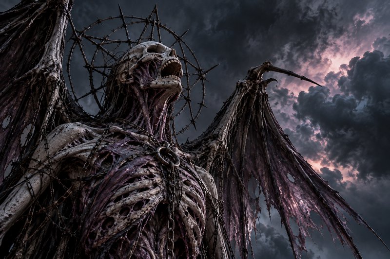 Skeletal winged fallen angel with a barbed wire halo roars beneath a stormy twilight sky