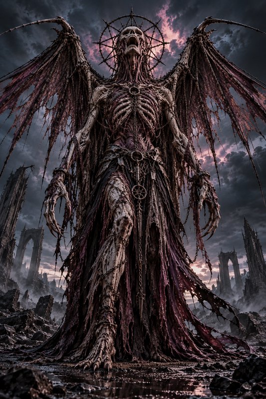 Towering skeletal undead fallen angel with a thorn halo stands in a crumbling apocalyptic gothic wasteland