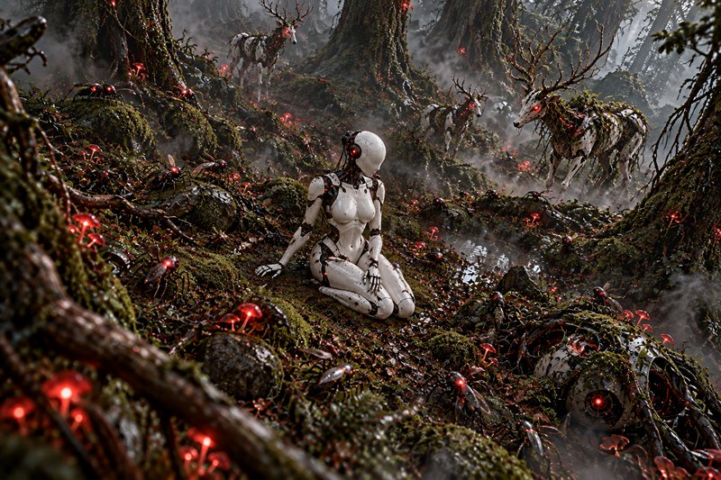 White humanoid android kneels in a misty ancient forest surrounded by cybernetic wildlife with glowing red eyes