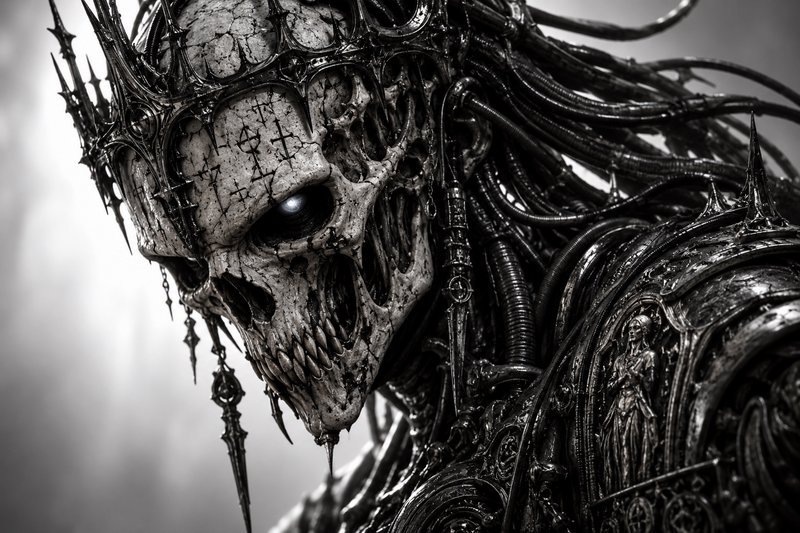 Close-up portrait of an ornate skeletal lich king with a glowing eye, spiked crown and intricate dark armor