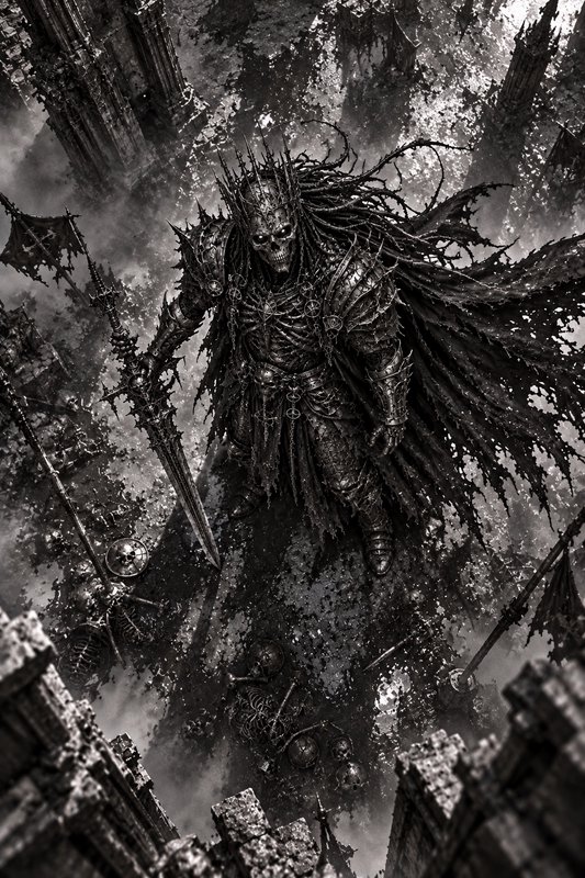 Skeleton lich king in spiked armor holds a greatsword standing on a mist-shrouded battlefield between fortress spires