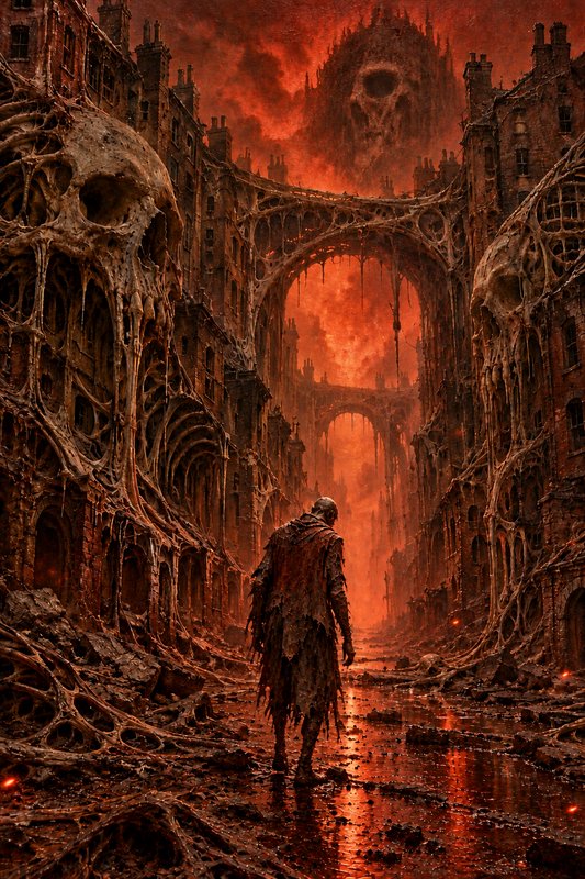 Ragged wanderer walks through a skeletal hellish city beneath a glowing blood red sky