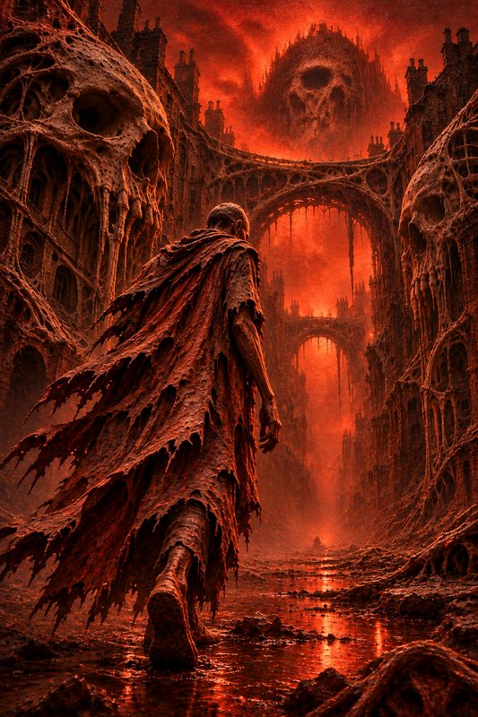 Emaciated robed wanderer walks through a hellish gothic city lined with giant skull architecture under a glowing red sky