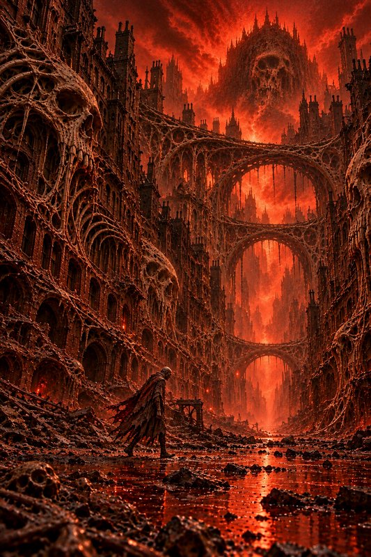 Tattered cloaked wanderer walks through a skeletal gothic hell city under a blazing red sky