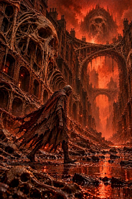 Gaunt ragged wanderer walks through a cursed bone-and-skull gothic hell city under a fiery red sky