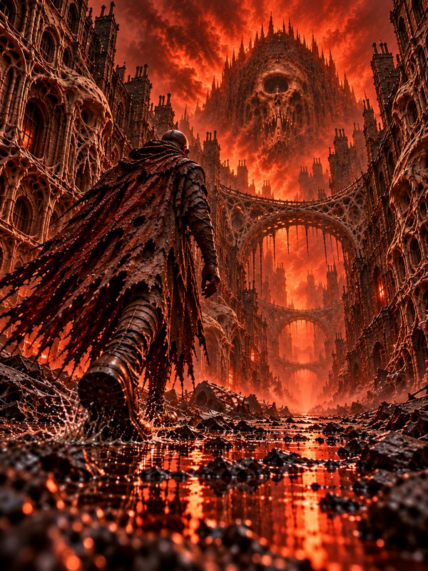 Lone armored wanderer in a tattered cloak approaches a giant skull fortress in a fiery hellish gothic city