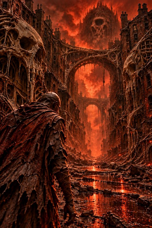 Tattered robed wanderer stands overlooking a skeletal hellish city under a fiery red apocalyptic sky
