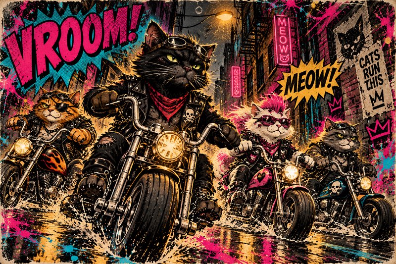 Four punk biker cats ride custom motorcycles down a neon lit city street with bold comic sound effects