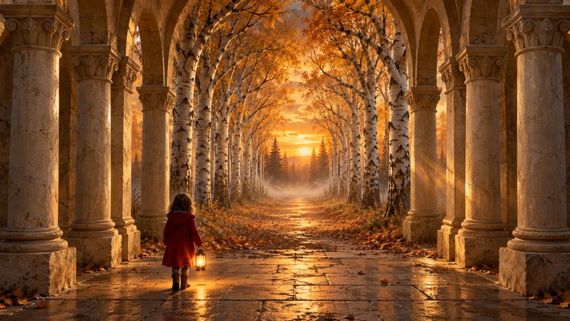 Small child in a red coat holds a lit lantern, gazing down an autumn birch avenue from a stone colonnade at golden sunset