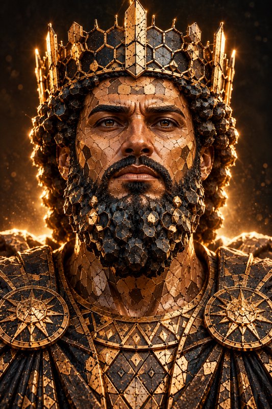 Faceted mosaic portrait of a bearded ancient king wearing an ornate golden geometric crown