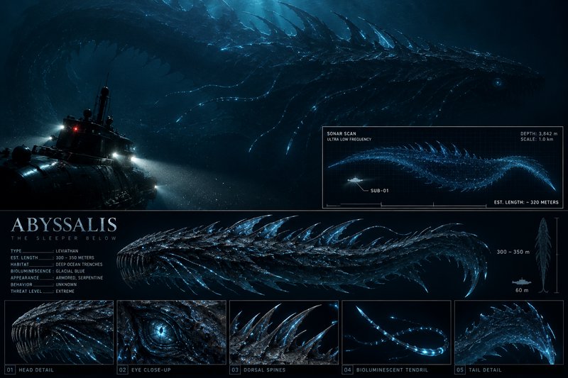 Research submarine encounters a massive bioluminescent deep sea leviathan in a fantasy creature c...