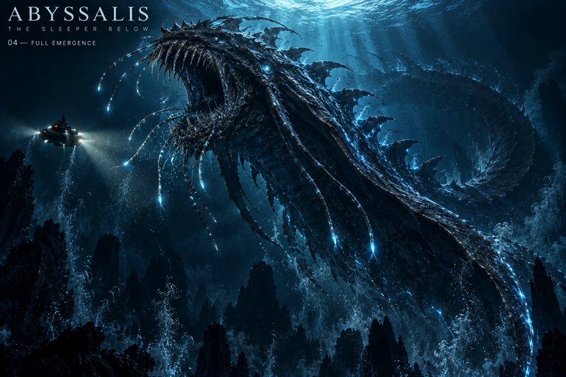 Massive bioluminescent abyssal leviathan looms over a tiny deep sea submarine in dark open ocean