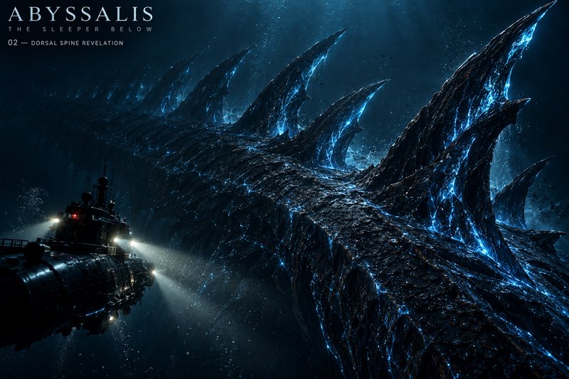 Deep sea exploration submarine illuminates the massive glowing spined back of a colossal abyssal ...