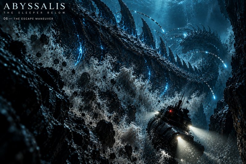 Deep sea submarine fleeing a giant bioluminescent leviathan through a turbulent rocky underwater ...