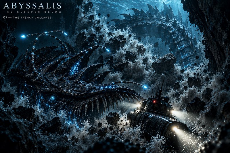 Giant bioluminescent deep sea leviathan looms over a submarine during an underwater trench collapse