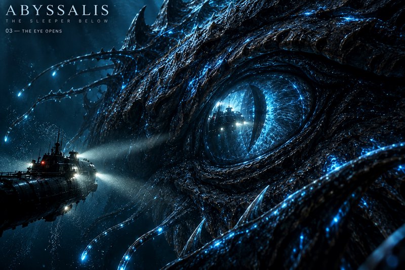 Deep sea submersible illuminates the glowing open eye of a colossal tentacled abyssal leviathan