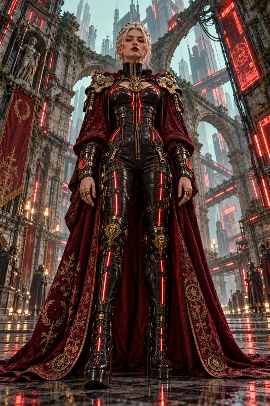Regal cyberpunk empress in ornate glowing armor stands in a grand futuristic imperial courtyard