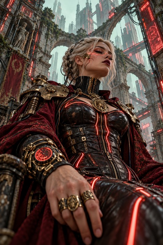 Platinum-haired cyborg empress in ornate steampunk armor rests against a dystopian gothic futuris...