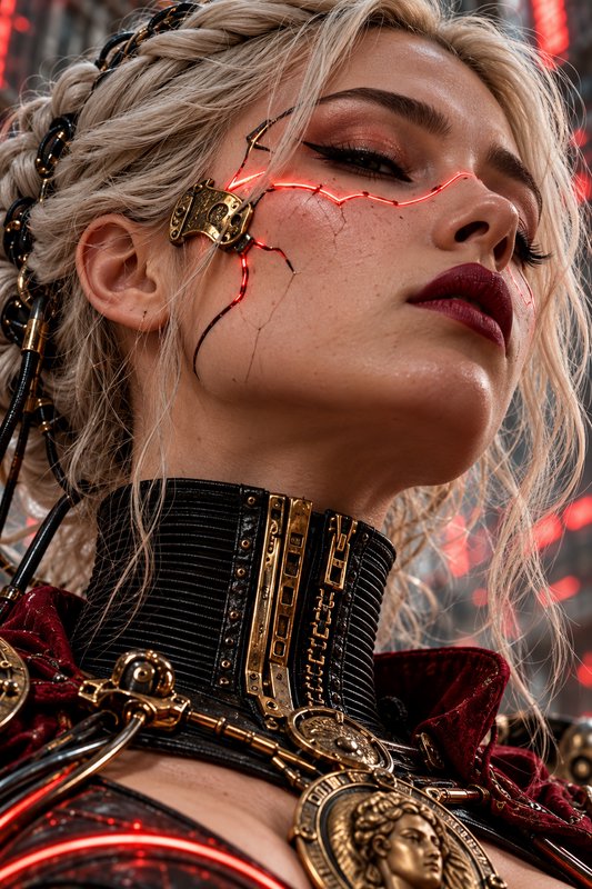 Close-up portrait of a blonde cyborg woman with glowing red cybernetic facial lines and ornate st...