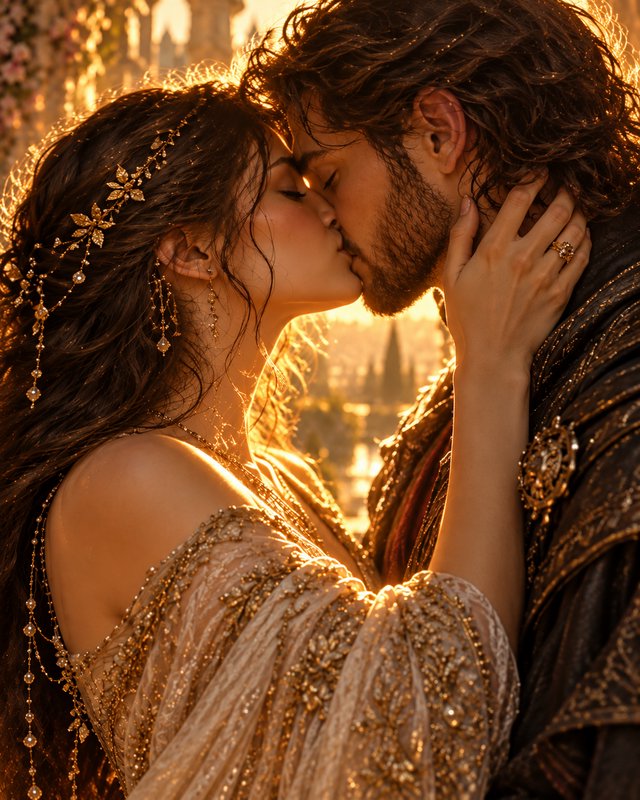 Regal fantasy couple share a tender intimate kiss bathed in glowing golden sunset backlight
