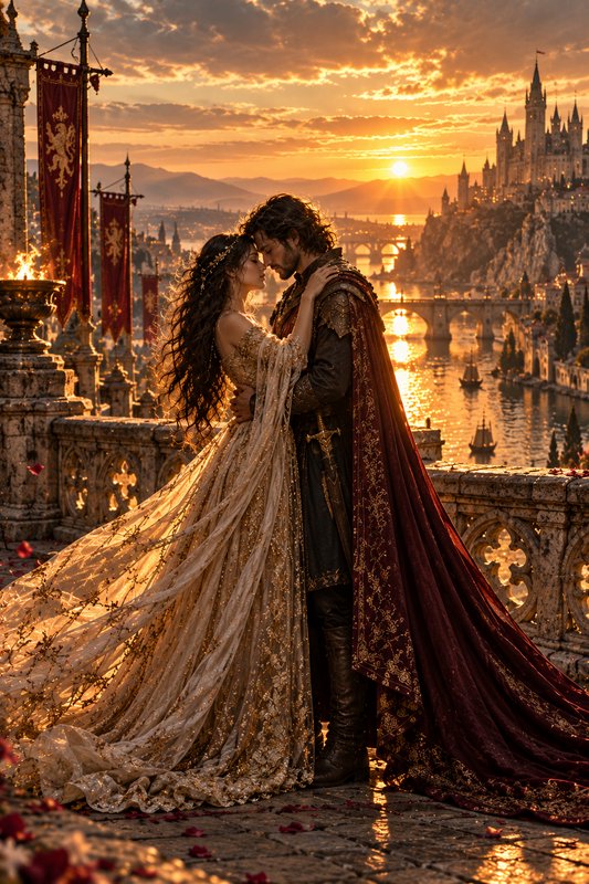 Medieval royal couple embrace on a castle balcony overlooking a fantasy kingdom at golden sunset