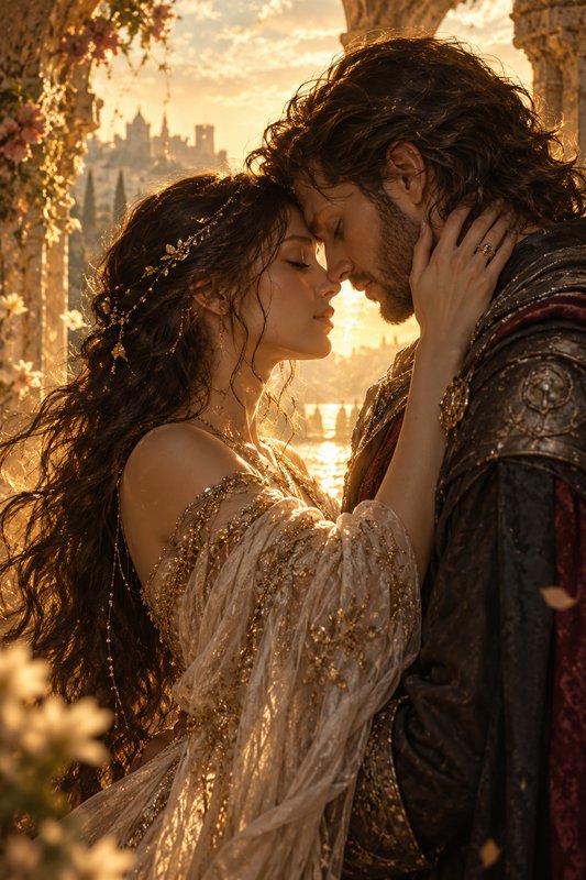 Royal medieval couple press their foreheads together in a tender embrace under a castle arch at g...