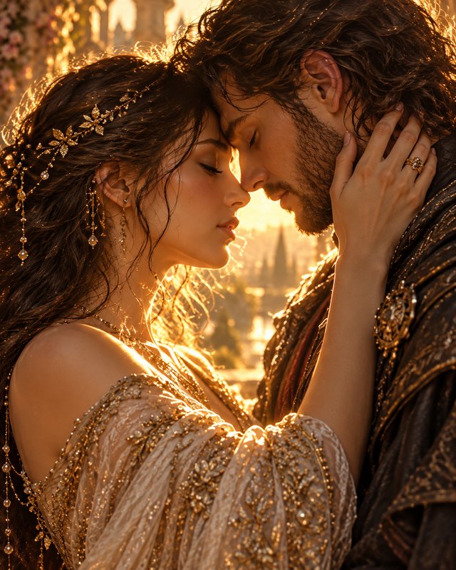 Regal fantasy couple share a tender forehead touch, bathed in warm golden sunset light