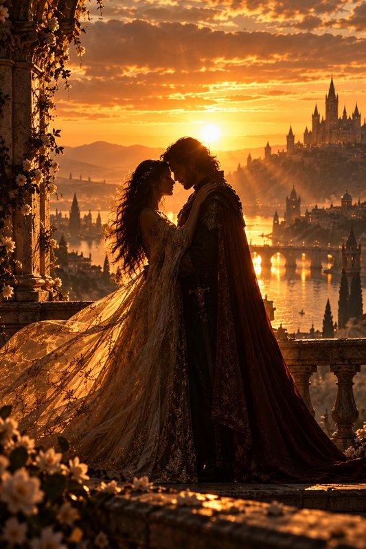 Fantasy royal couple touching foreheads on a flowered balcony overlooking a castle city at golden...