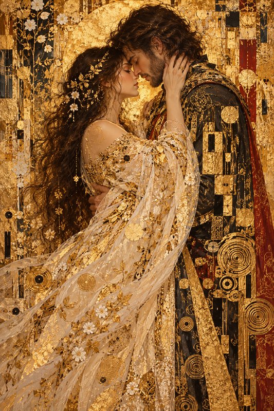 Tender embracing couple touching foreheads in gilded Klimt-style ornate portraiture