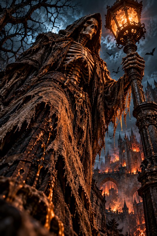 Towering hooded skeletal grim reaper holds a glowing ornate lantern before a burning gothic castl...