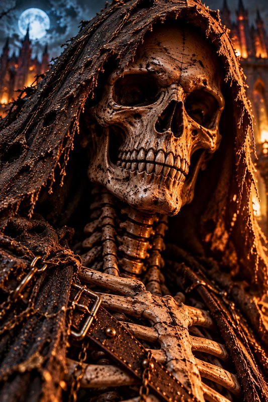 Hooded grim reaper skeleton standing before a gothic castle under a bright full moon