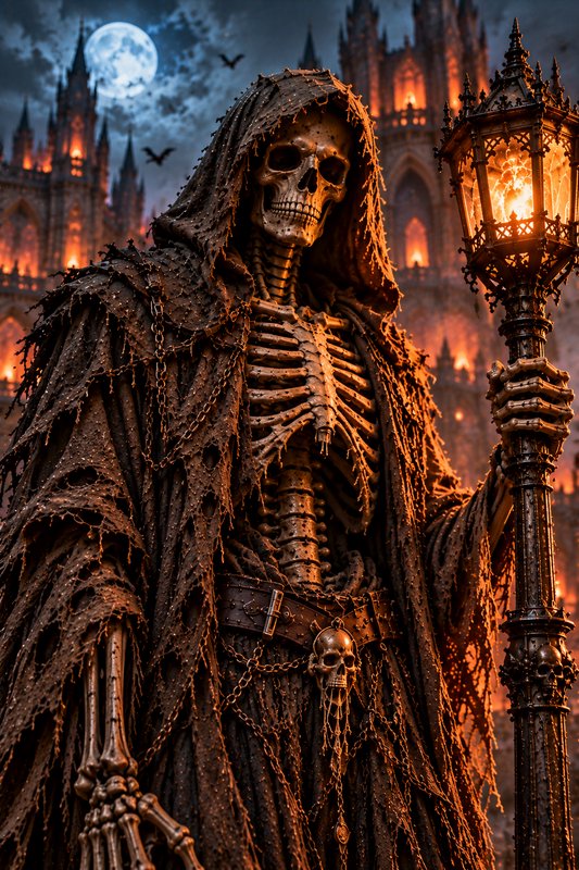 Hooded skeletal grim reaper holding an ornate lantern stands before a gothic castle under a full ...