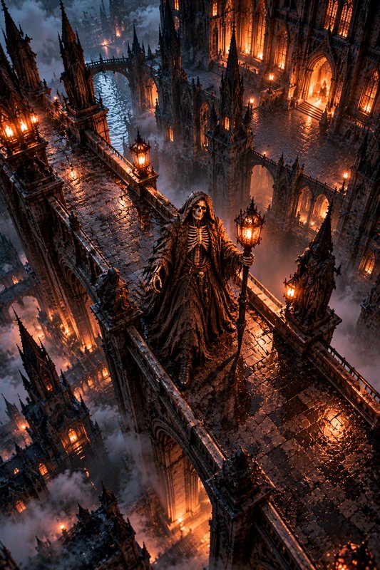 Hooded skeletal grim reaper stands on a mist-shrouded gothic cathedral bridge holding a glowing l...