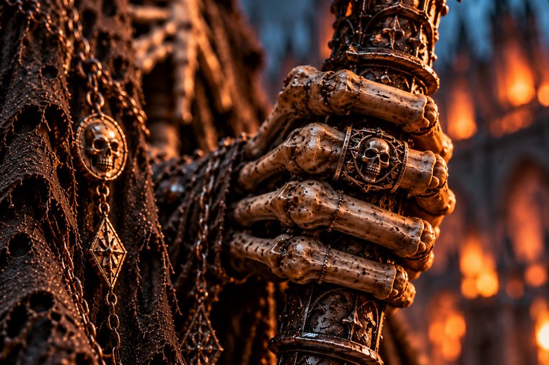 Skeletal undead lich hand grips an ornate carved staff, adorned with skull jewelry and tattered g...